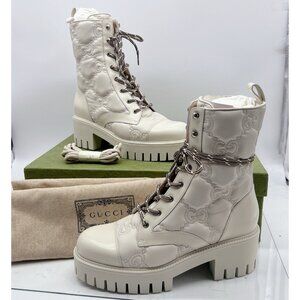 Gucci Marmont GG Interlock Embossed Lace Up Boots White Leather Platform EU 41.5